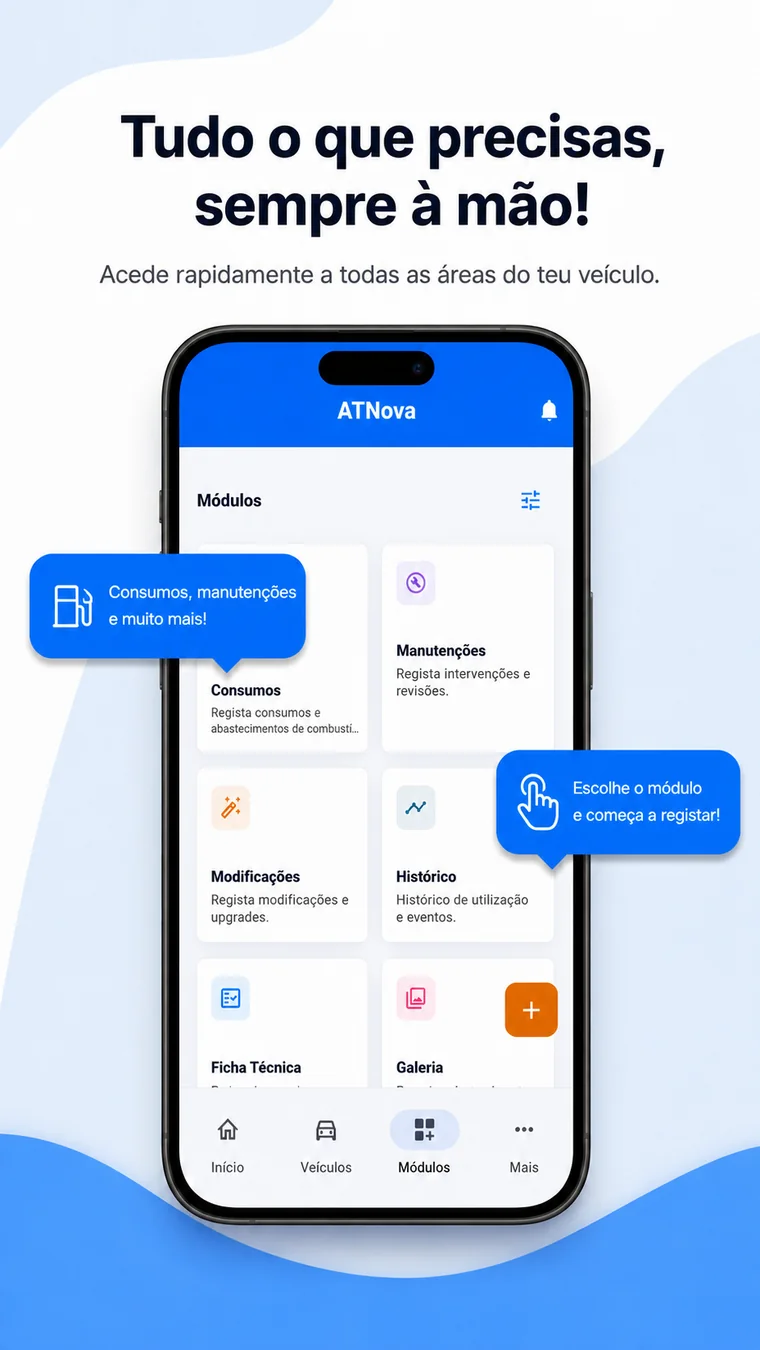 Grelha de módulos da ATNova com consumos, manutenções, modificações, histórico, ficha técnica e galeria
