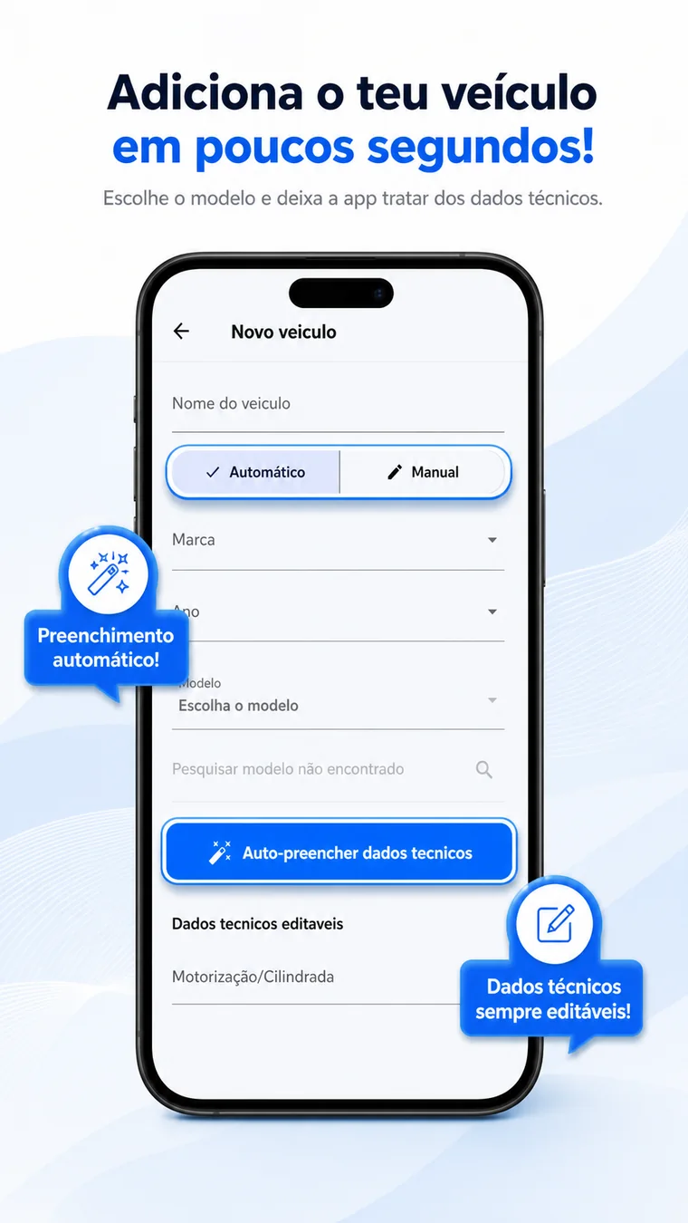 Formulário de novo veículo com preenchimento automático de dados técnicos