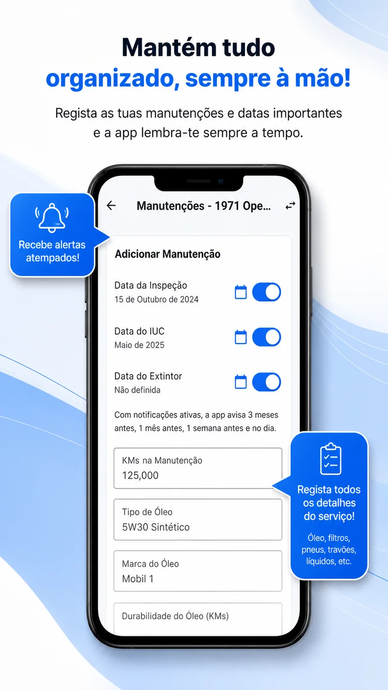 Registo de manutenção com datas, alertas e detalhes do serviço