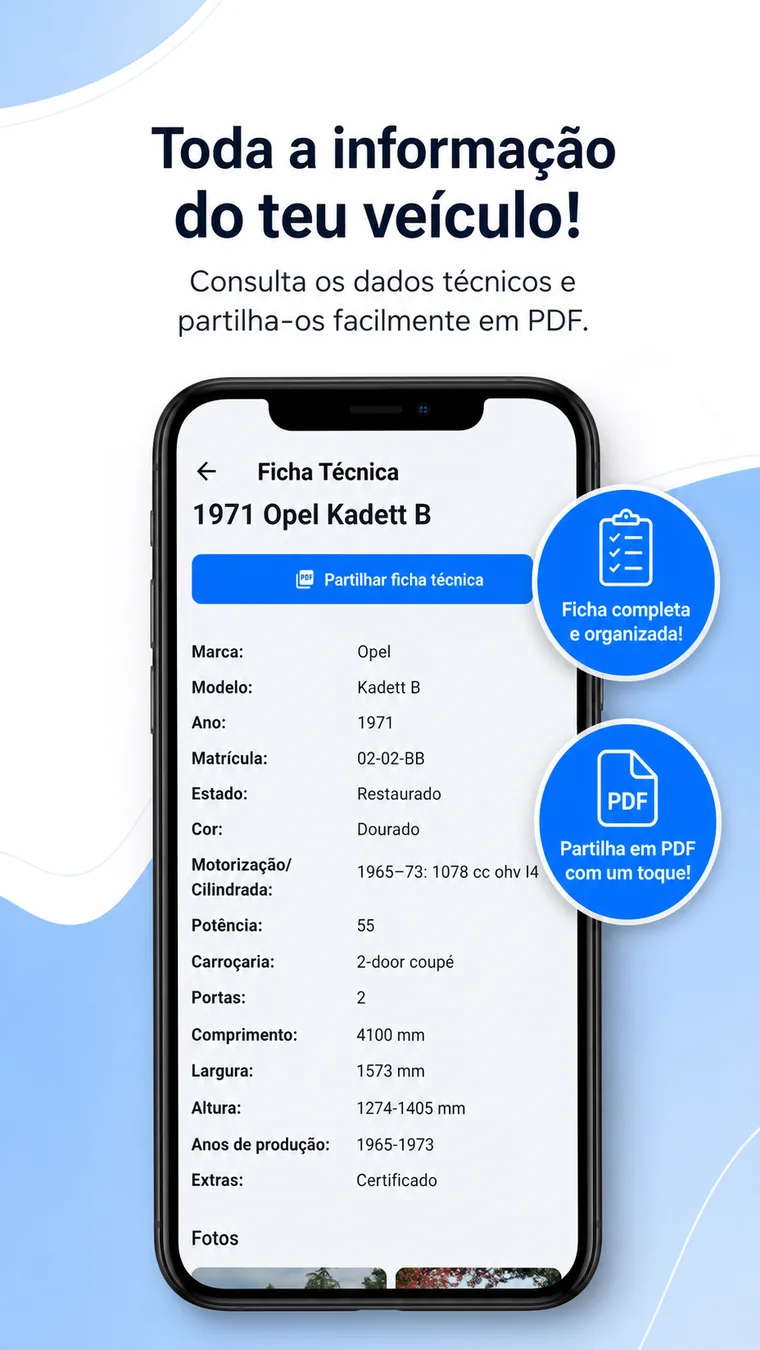Ficha técnica completa de um veículo pronta a partilhar em PDF